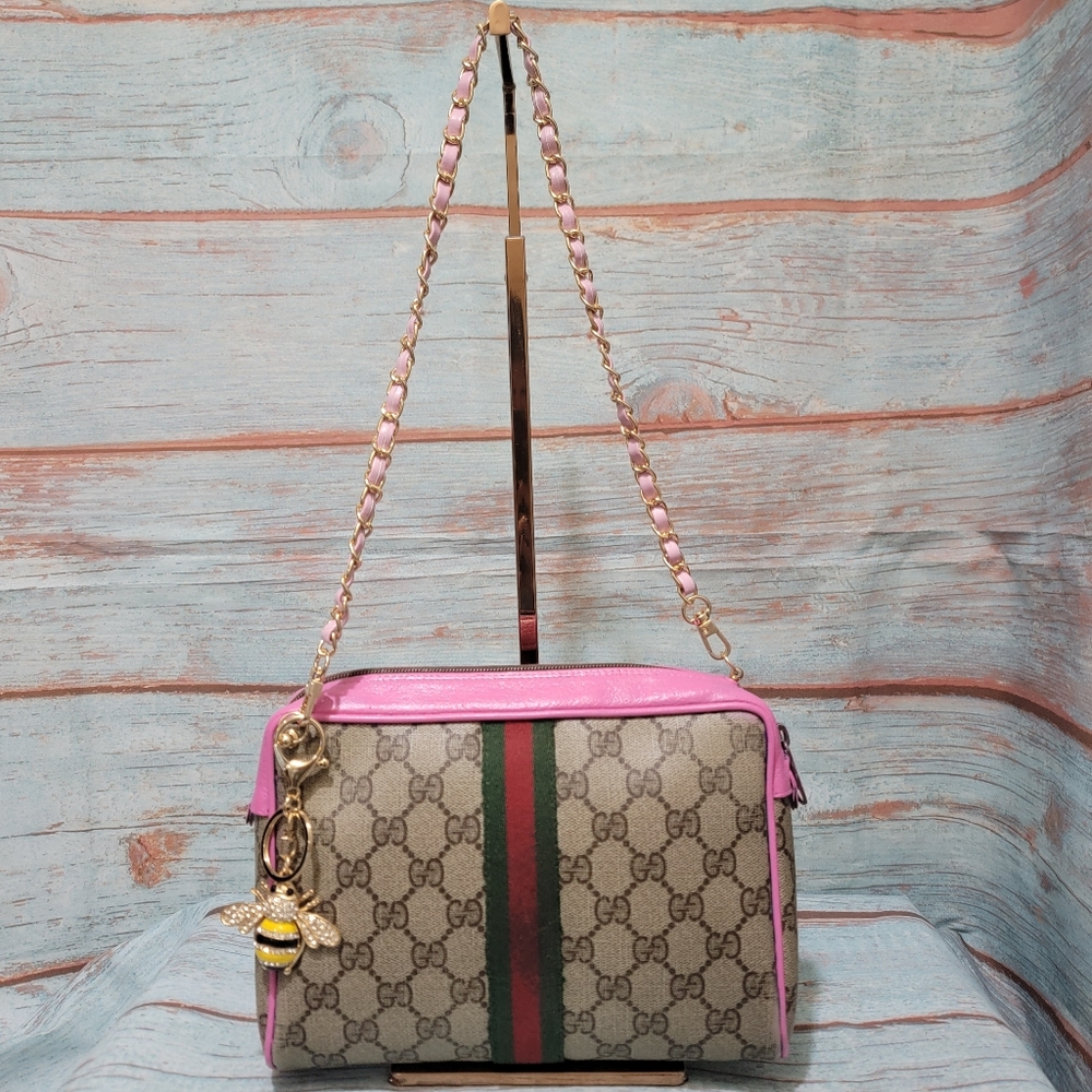#WC134 AUTHENTIC Gucci Web Sherry Line Leather clutch bag
